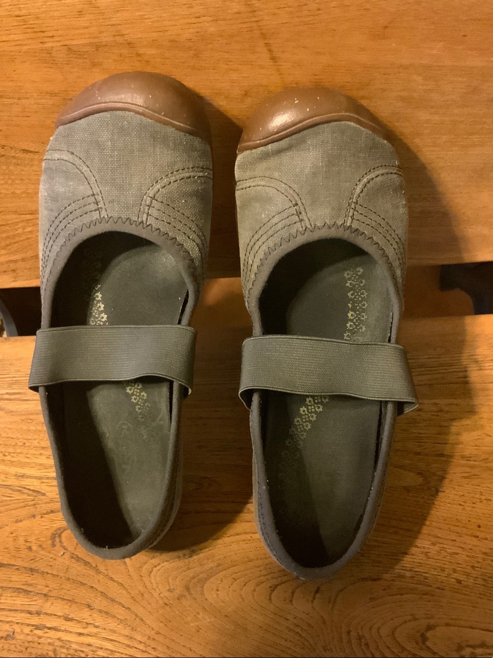 Keen Olive Green Canvas Mary Jane Shoes with Brown Toe